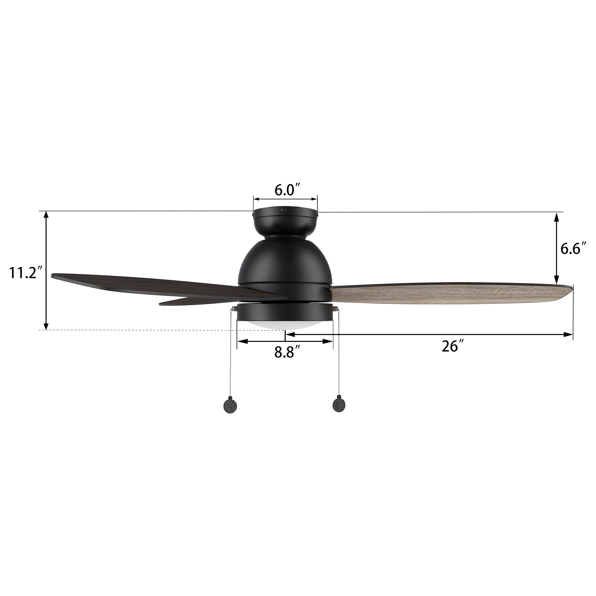 A size detail of Carro Troyes 52 inch pull-chain ceiling fan with light. #color_wood