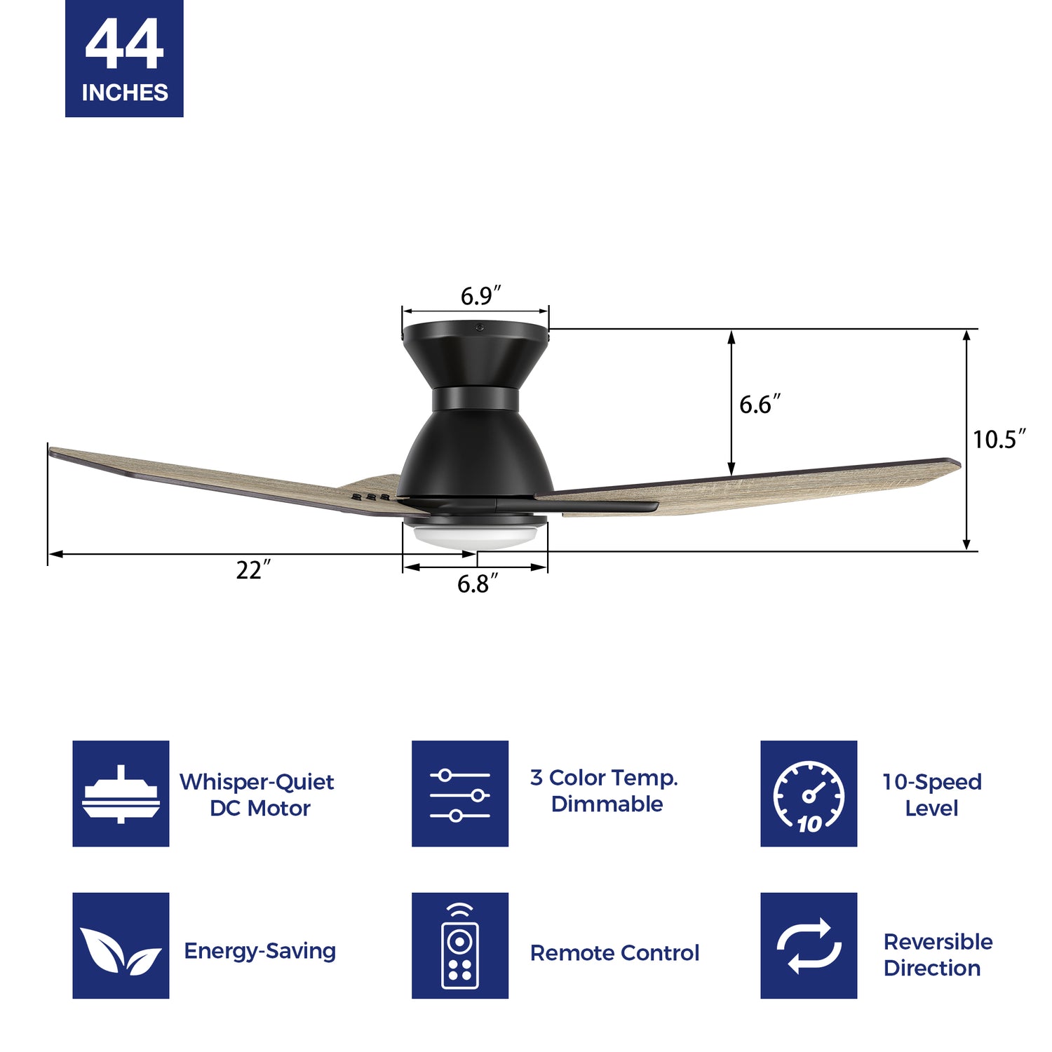 Detail size of Carro Smafan Vant 44 inch ceiling fan with light, low profile design with 3 wooden plywood blades. 