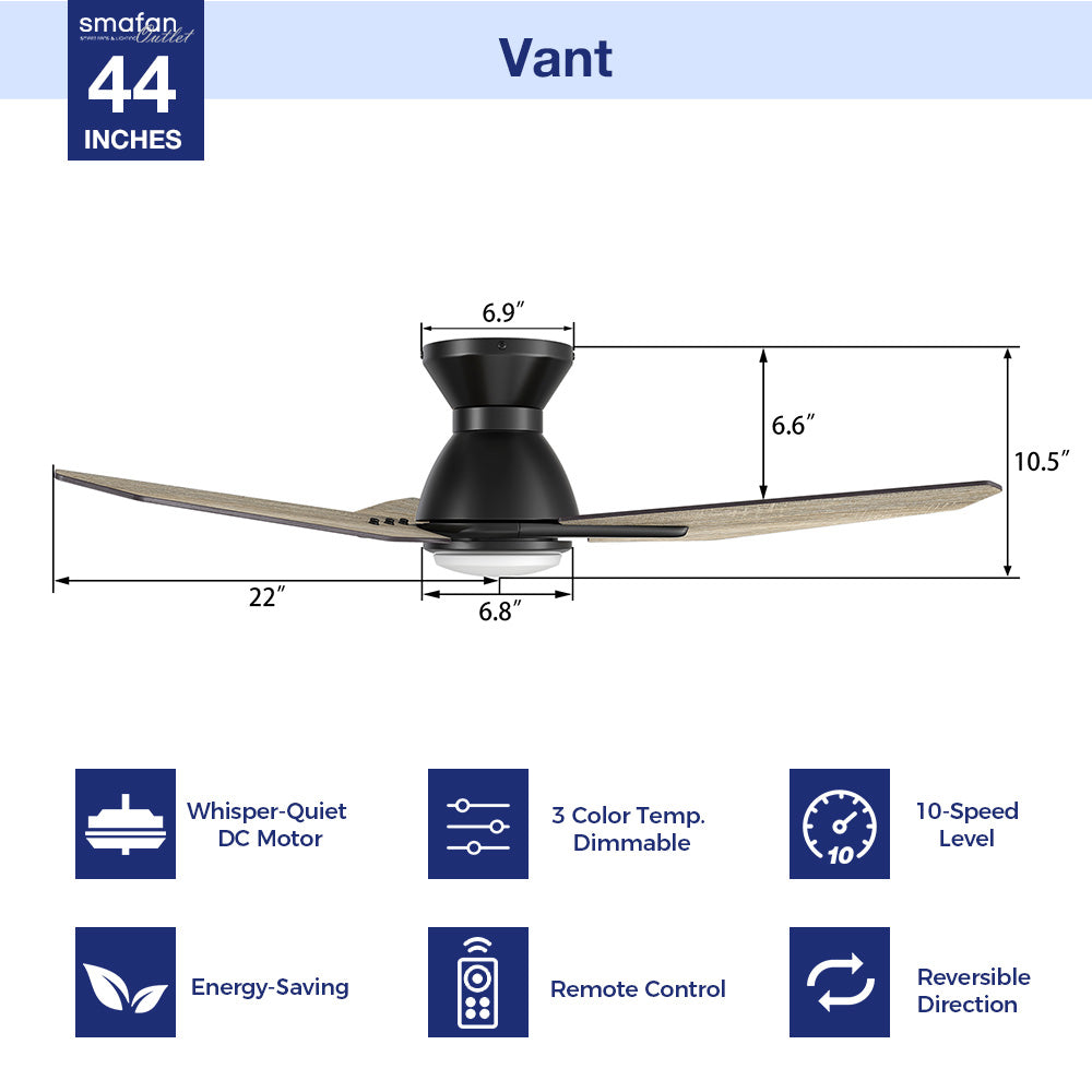 Detail size of Carro Smafan Vant 44 inch ceiling fan with light, low profile design with 3 wooden plywood blades. 