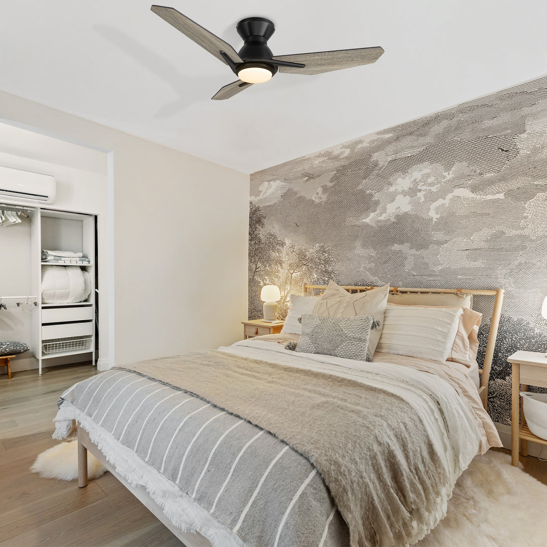 Carro Vant 44 inch ceiling fan with light, low profile design with 3 wooden plywood blades, installed in a bedroom. 