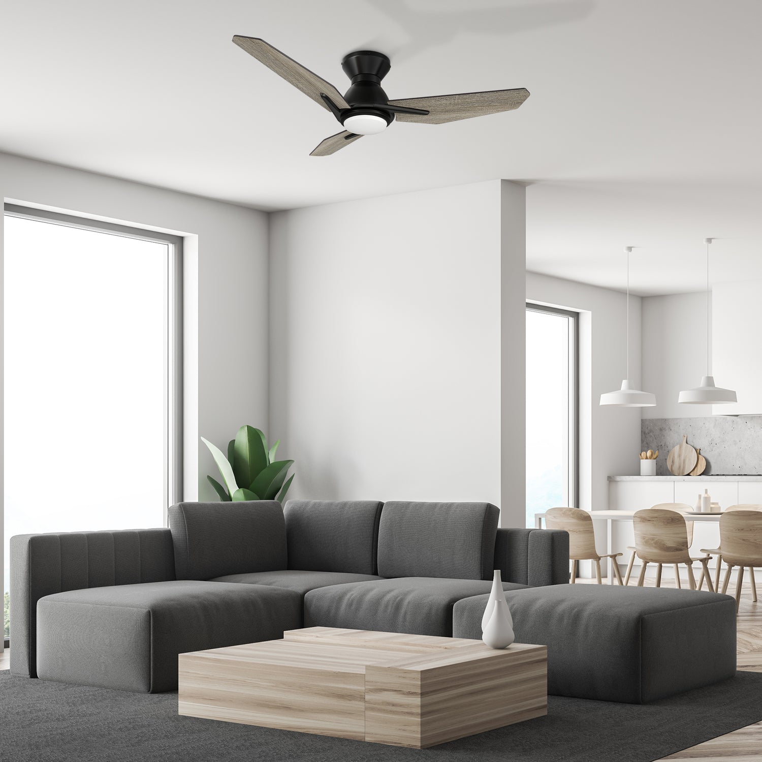 Carro Vant 44 inch ceiling fan with light, low profile design with 3 wooden plywood blades, installed in a livingroom. 