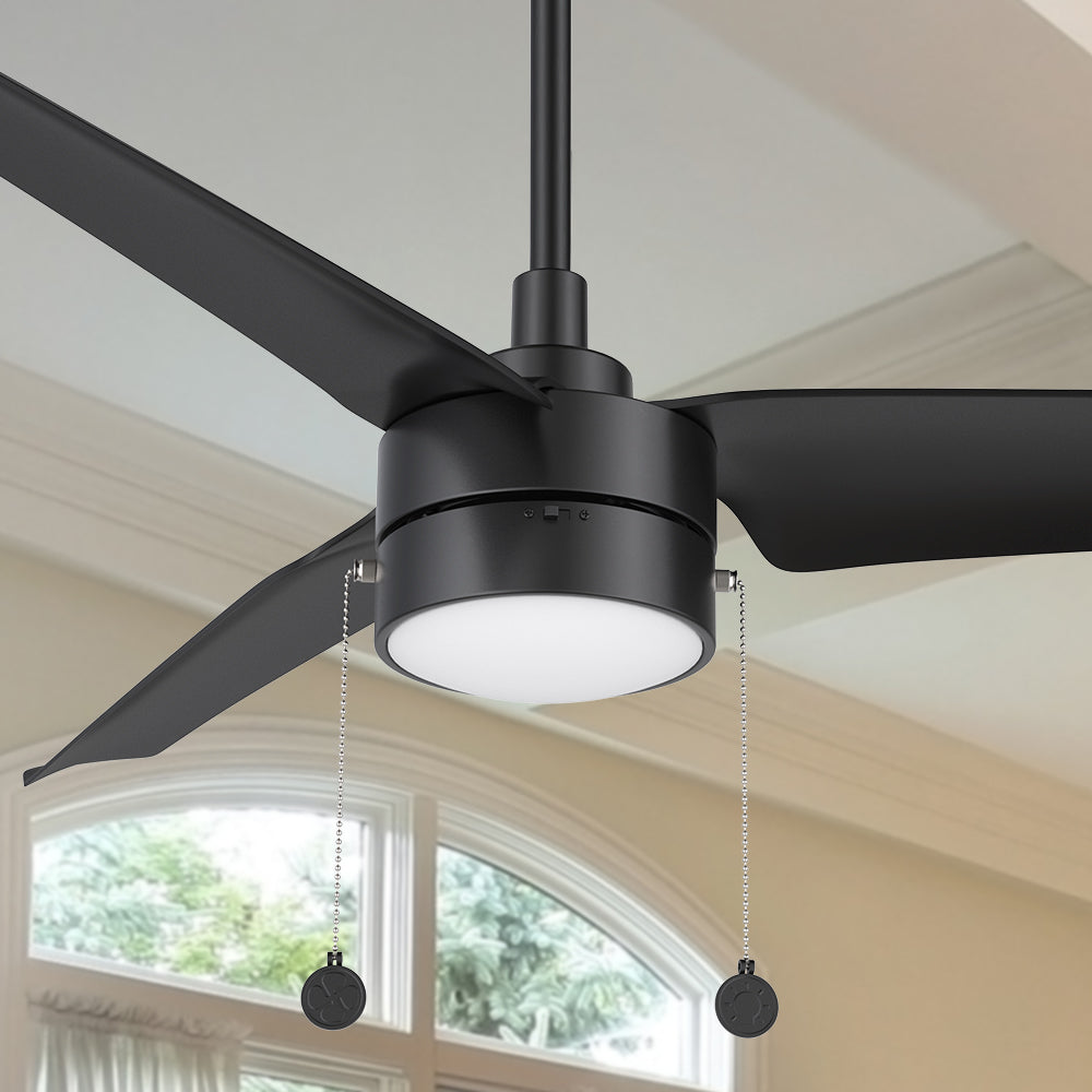 A pure black exterior, elegant ABS blades, and a charming LED light cover come together to create the classic Venteto 52 inch pull-chain ceiling fan with light.