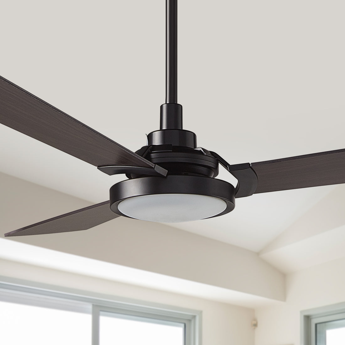 Carro Viter smart ceiling fan with light designed with dark wood finish, elegant Plywood blades, Glass shade and integrated 4000K LED daylight. 