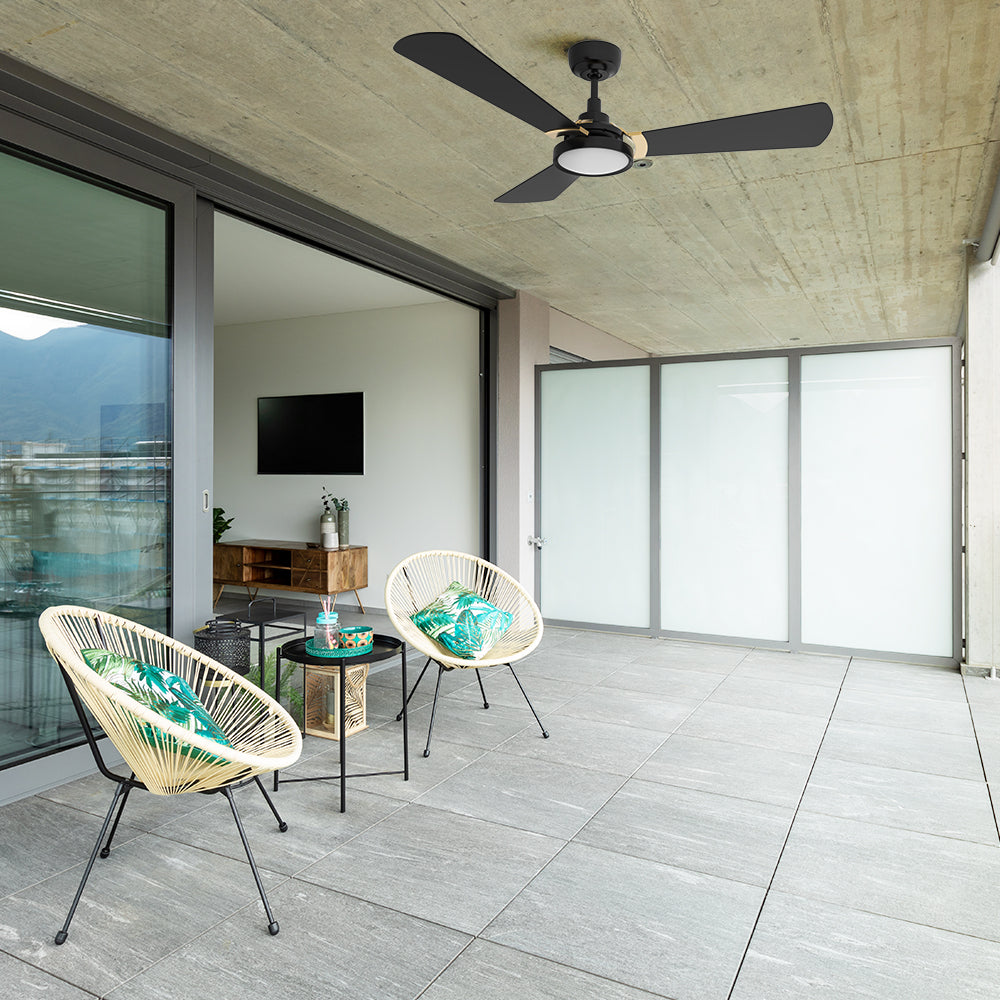 Smafan Carro Viter 56 inch smart outdoor ceiling fan with LED light, black and gold design, installed in outdoor balcony. 