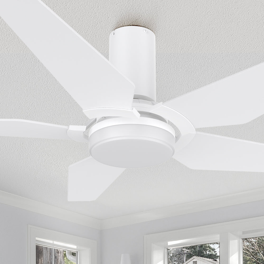 Carro Voyager 48 inch smart ceiling fan designed with white  finish, elegant Plywood blades, Glass shade and integrated 4000K LED cool light. 