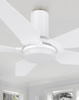 Carro Voyager 48 inch smart ceiling fan designed with white  finish, elegant Plywood blades, Glass shade and integrated 4000K LED cool light. 