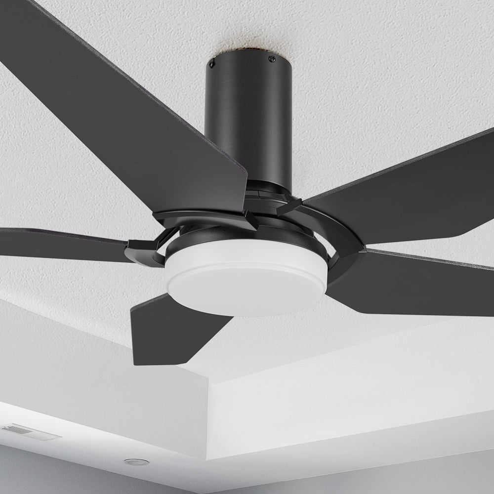 Carro Voyager 52 inch smart ceiling fan designed with black finish, elegant Plywood blades, Glass shade and integrated 4000K LED cool light. 