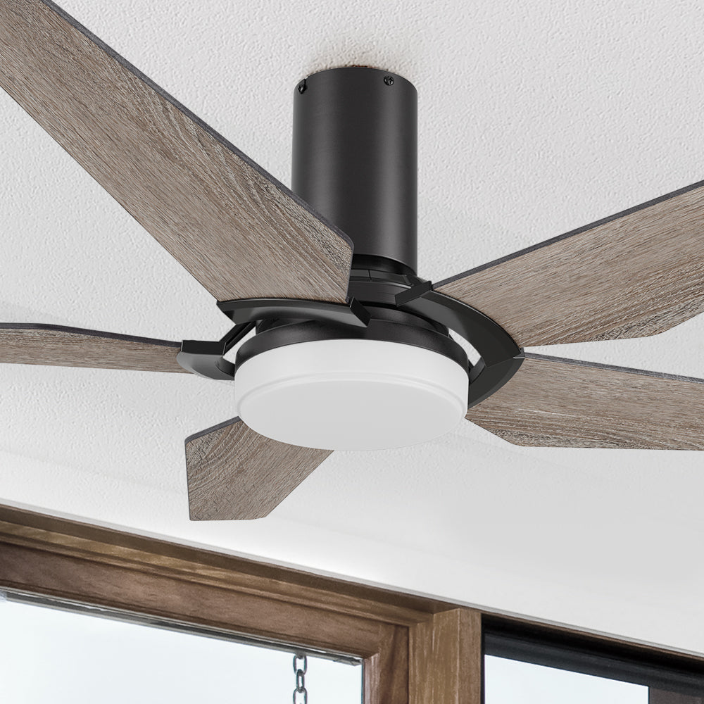 Carro Voyager 52 inch smart ceiling fan designed with wood finish, elegant Plywood blades, Glass shade and integrated 4000K LED cool light. 