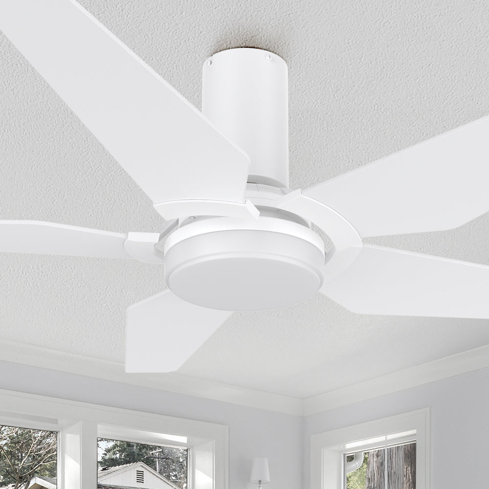 Carro Voyager 52 inch smart ceiling fan designed with white finish, elegant Plywood blades, Glass shade and integrated 4000K LED cool light. 