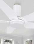 Carro Voyager 52 inch smart ceiling fan designed with white finish, elegant Plywood blades, Glass shade and integrated 4000K LED cool light. 