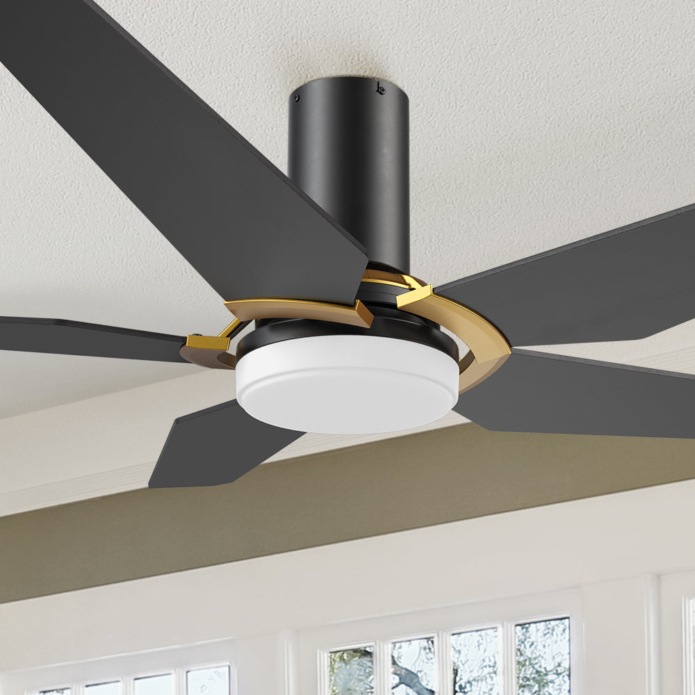 Carro Voyager 52 inch smart ceiling fan designed with Black finish, elegant Plywood blades, Glass shade and integrated 4000K LED cool light.#color_black-gold