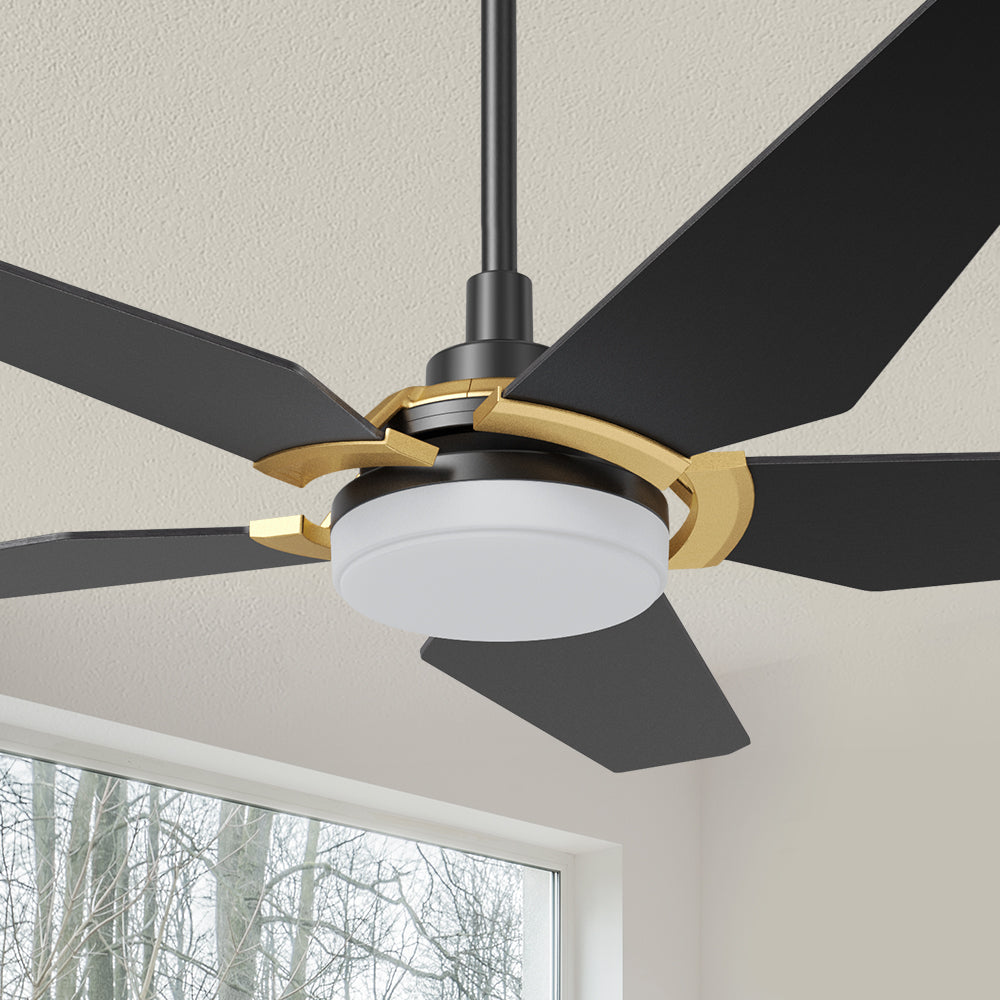 Smafan Voyager 52 inch smart ceiling fan designs with black and gold finish, elegant plywood blades, glass shade and has an integrated 4000K LED daylight. #color_black-gold