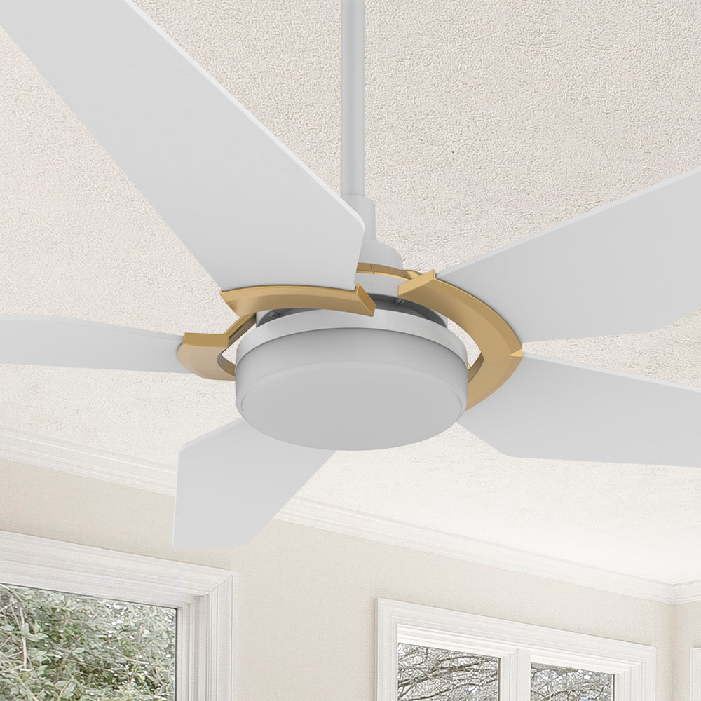 Smafan Voyager 52 inch smart ceiling fan designs with white and gold finish, elegant plywood blades, glass shade and has an integrated 4000K LED daylight. #color_white-gold