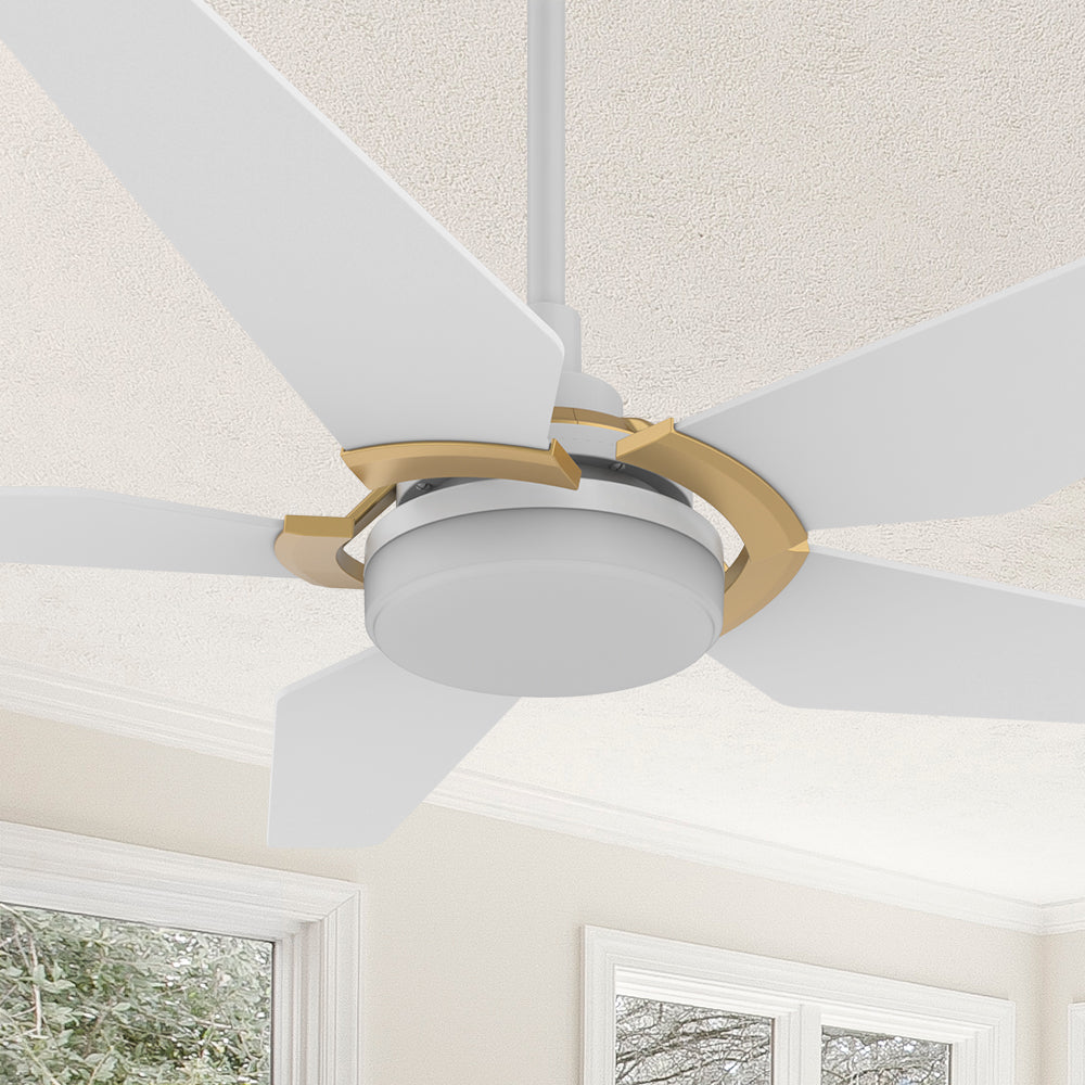 Smafan Voyager 52 inch smart ceiling fan designs with white and gold finish, elegant plywood blades, glass shade and has an integrated 4000K LED daylight. #color_White&Gold