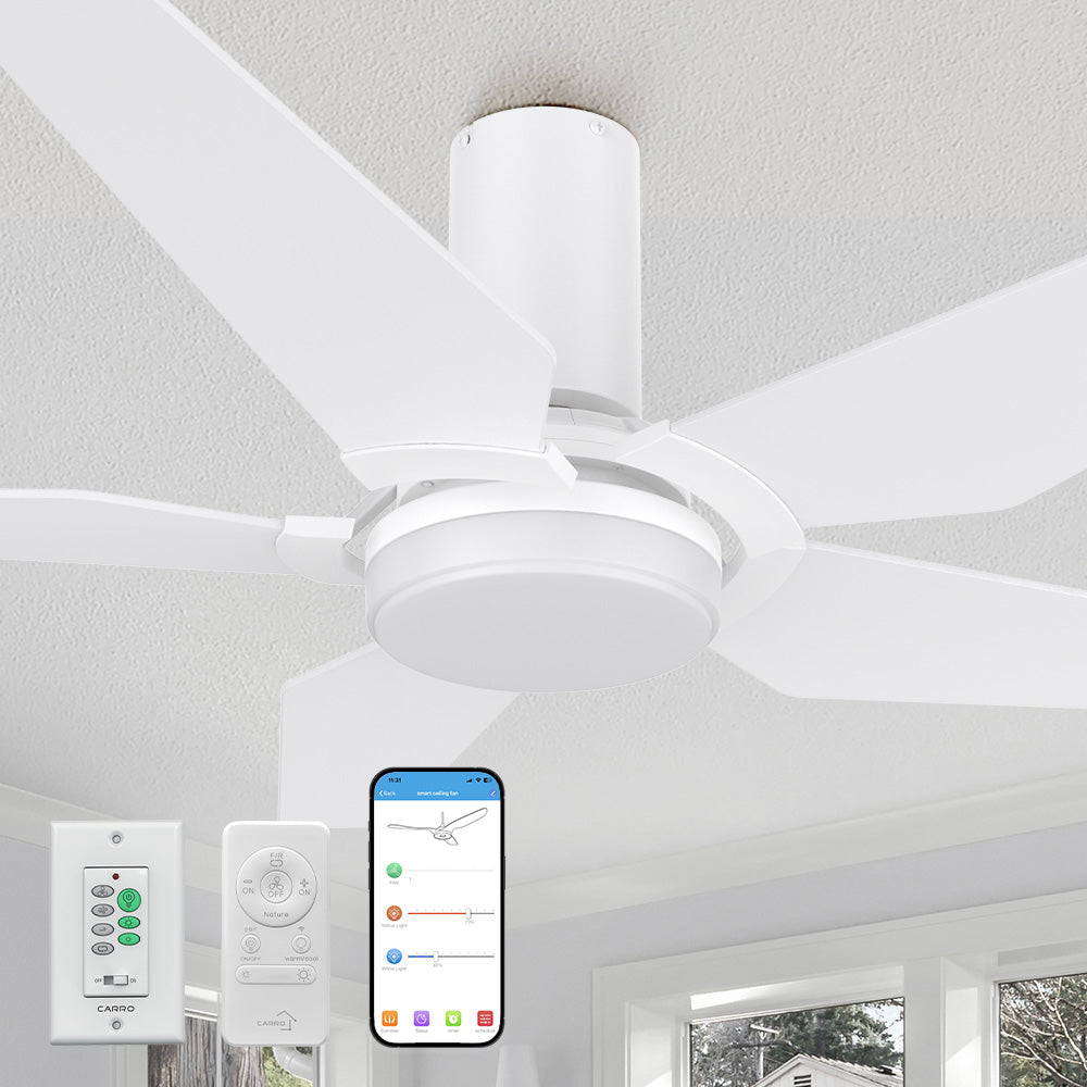 Carro Voyager Ⅱ 48 inch smart ceiling fan designed with white finish, elegant Plywood blades, Glass shade remote control and wall control. 