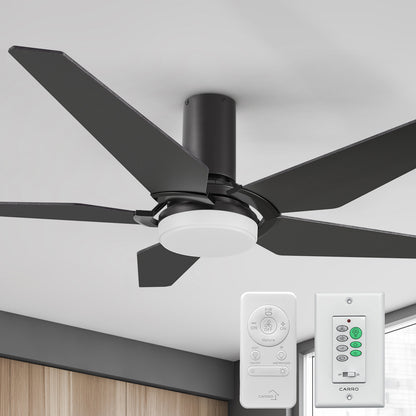 Carro Voyager 52 inch smart ceiling fan designed with black finish, elegant Plywood blades, Glass shade and integrated 4000K LED cool light. 