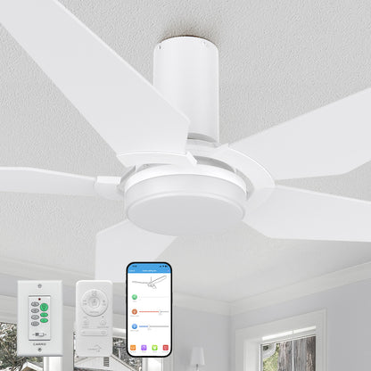 Smafan Voyager 52 inch modern white ceiling fan with light and five blades installed on a white ceiling, shown with a wall control panel, remote control, and a smartphone displaying a fan control app interface. 