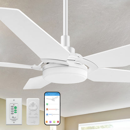 An image of a Carro 52-inch Smart Ceiling Fan with LED light, featuring white blades, mounted on a beige ceiling for efficient airflow and cooling. The ceiling fan is shown with a Carro white wall switch, a handheld remote, and a smartphone displaying a control app, highlighting smart operation for customizable lighting and cooling in indoor settings. 
