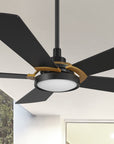 Smafan Wilkes 52 inch smart ceiling fan designed with black and gold finish, elegant plywood blades, glass shade and integrated 4000K LED daylight. 