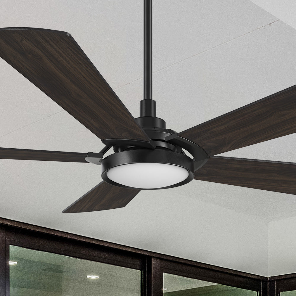 Smafan Wilkes 52 inch smart ceiling fan designed with dark wood finish, elegant plywood blades, glass shade and integrated 4000K LED daylight. 