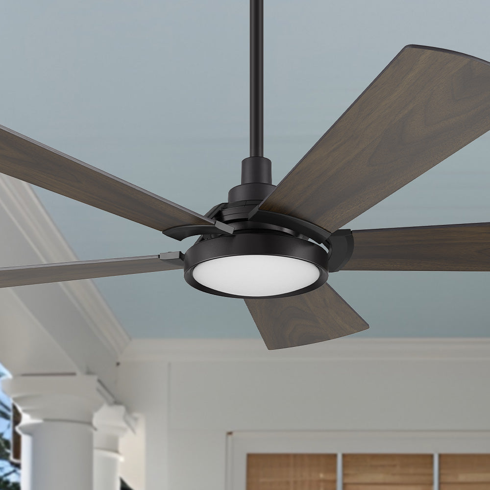 Smafan Wilkes 52 inch smart ceiling fan designed with dark wood finish, elegant plywood blades, glass shade and integrated 4000K LED daylight. 