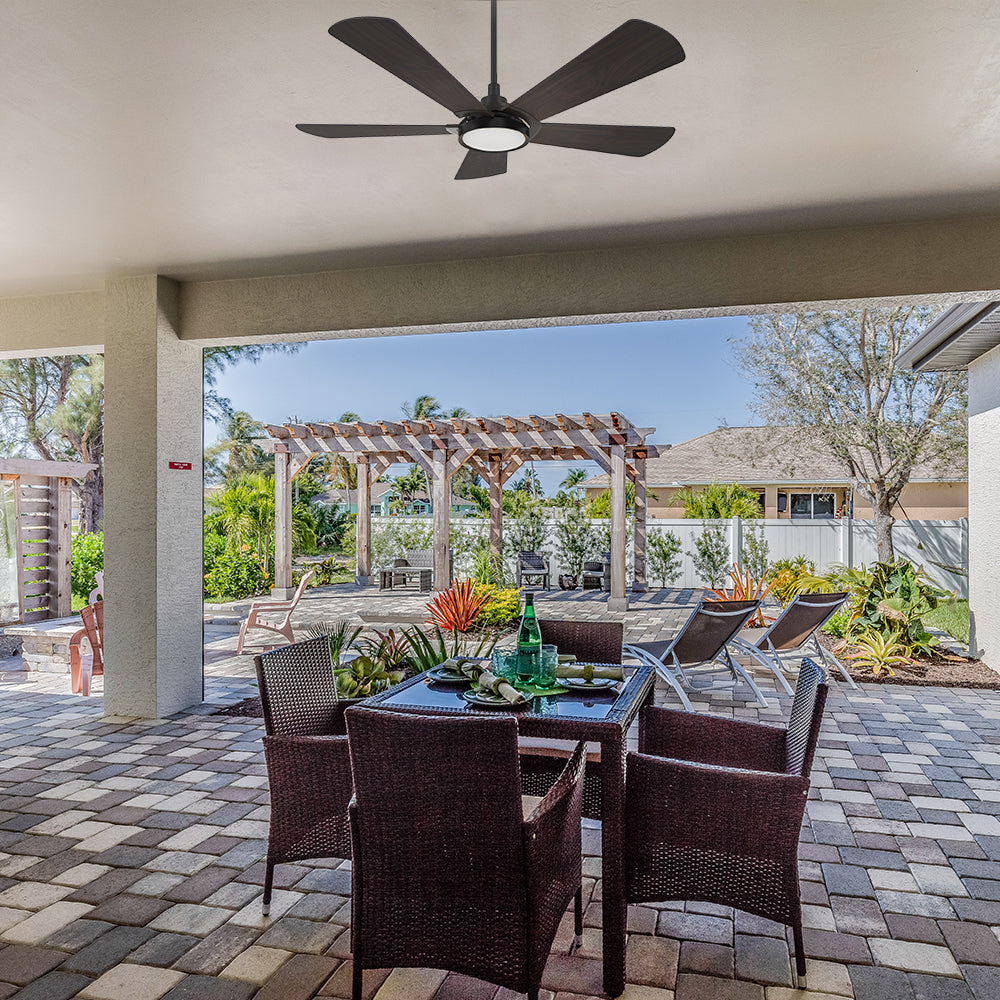 Carro Wilkes 52 inch outdoor ceiling fan with 5 dark wood fan blades and an extended 6 in rod, Installed in the house proch. 