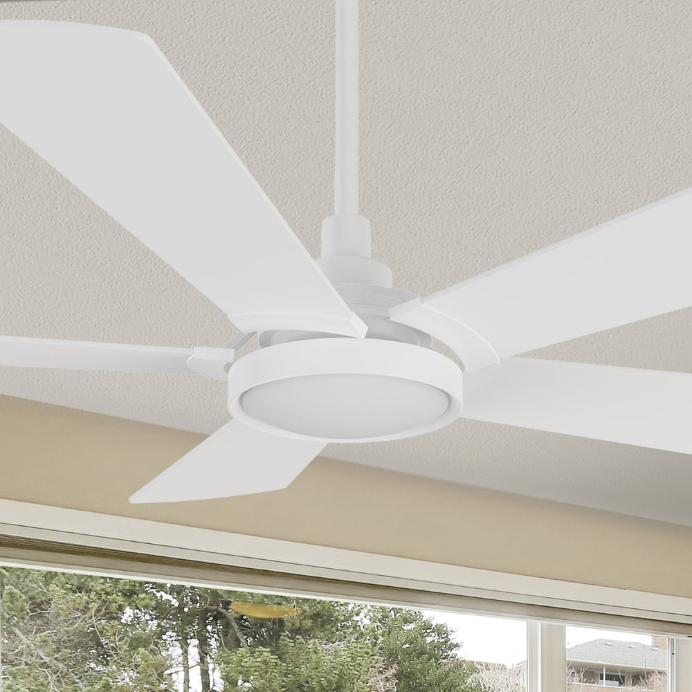 Smafan Wilkes 52 inch smart ceiling fan designed with pure white finish, elegant plywood blades, glass shade and integrated 4000K LED daylight. #color_White