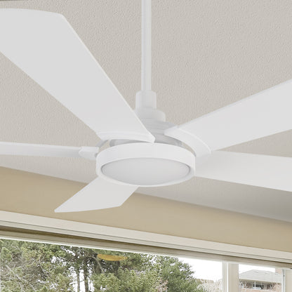 Smafan Wilkes 52 inch smart ceiling fan designed with pure white finish, elegant plywood blades, glass shade and integrated 4000K LED daylight. 