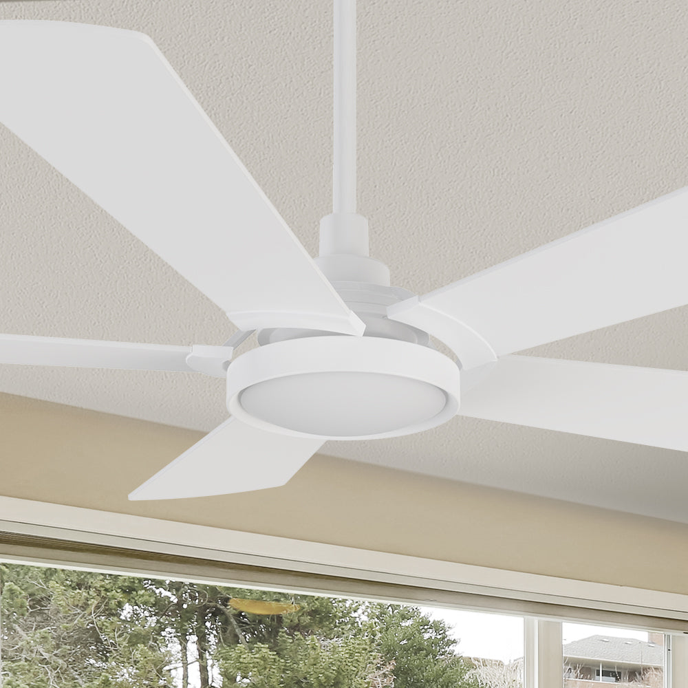 Smafan Wilkes 52 inch smart ceiling fan designed with pure white finish, elegant plywood blades, glass shade and integrated 4000K LED daylight. 