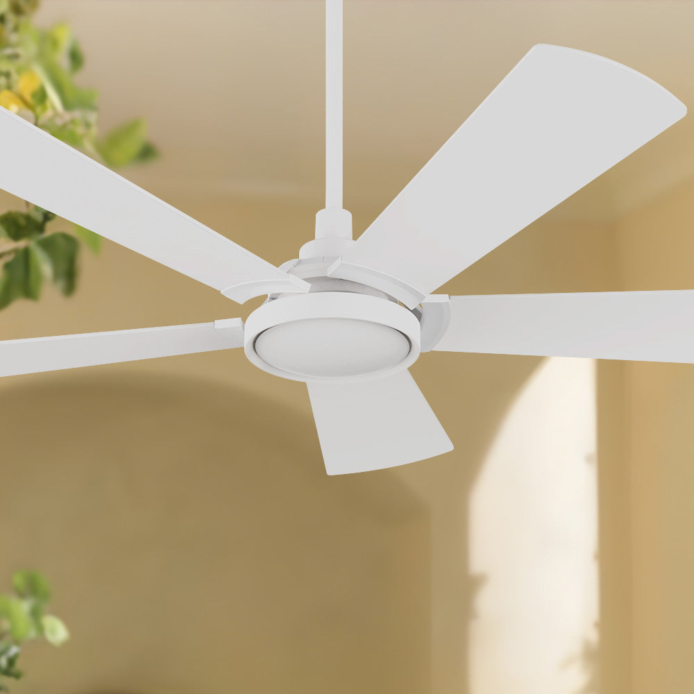 Smafan Wilkes 52 inch smart ceiling fan designed with pure white finish, elegant plywood blades, glass shade and integrated 4000K LED daylight. 