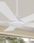 Smafan Wilkes 52 inch smart ceiling fan designed with pure white finish, elegant plywood blades, glass shade and integrated 4000K LED daylight. 