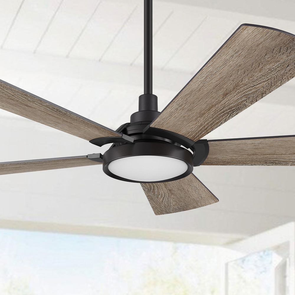Smafan Wilkes 52 inch smart ceiling fan designed with light wood finish, elegant plywood blades, glass shade and integrated 4000K LED daylight. 