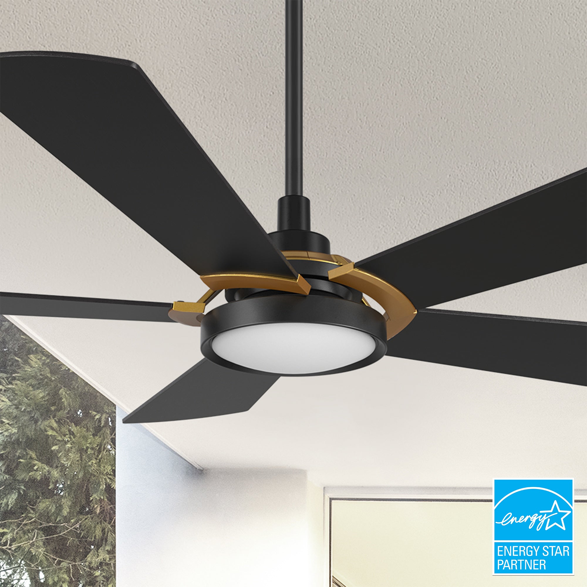 Smafan Wilkes 56 inch smart ceiling fan designed with black and gold finish, elegant plywood blades, glass shade and integrated 4000K LED daylight. 