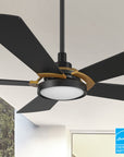Smafan Wilkes 56 inch smart ceiling fan designed with black and gold finish, elegant plywood blades, glass shade and integrated 4000K LED daylight.