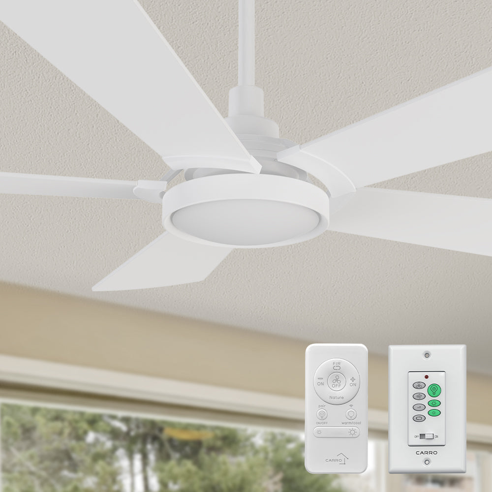 Smafan Wilkes 52 inch smart ceiling fan with light and wall switch, designed with pure white finish, elegant plywood blades, glass shade and integrated 4000K LED daylight. 