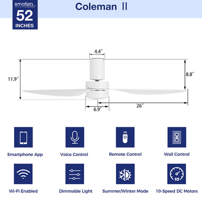 Coleman 52-inch white smart low profile ceiling fan with integrated bright daylight LED, durable ABS blades, and sleek modern design. Features remote, wall control, Wi-Fi app, Siri Shortcut, and voice control compatibility with Alexa and Google Assistant. 