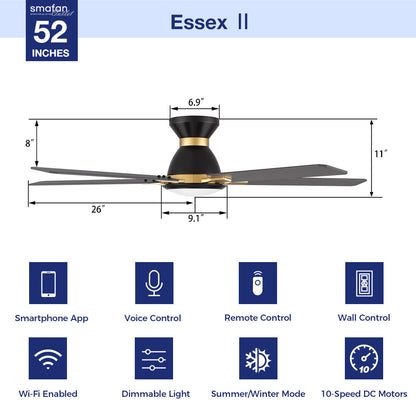 Dimensions and features of the Smafan Essex2 52-inch low profile smart ceiling fan in a black and gold finish. The fan has sleek black blades, measuring 52 inches in diameter. Key dimensions include an 11-inch height and 26-inch blade length. Featured technologies include remote and wall control, Wi-Fi-enabled operation, voice assistant compatibility, summer/winter mode, dimmable LED light, smartphone app control, and a quiet 10-speed DC motor. 