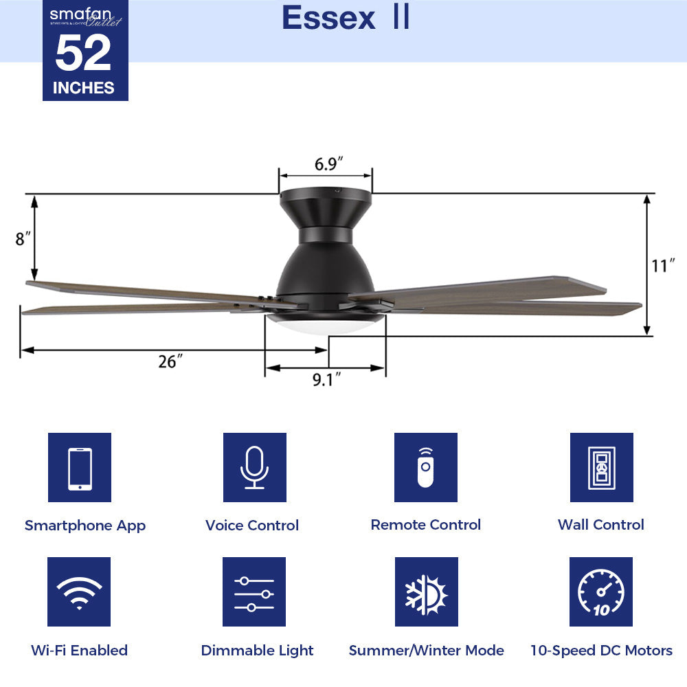 Black 52-inch Essex II low-profile smart ceiling fan with dimmable LED light and wooden blades, featuring dimensions of 11" width, 26" blade span, 9.1" height from base to blade, and 6.9" height of the light fixture. Includes 8" total height from ceiling to blade tip. Equipped with Smartphone App, Voice Control, Remote Control, Wall Control, Wi-Fi Enabled, Dimmable Light, Summer/Winter Mode, and 10-Speed DC Motors. 