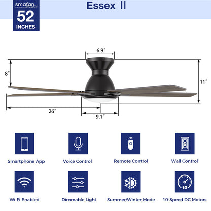Black 52-inch Essex II low-profile smart ceiling fan with dimmable LED light and wooden blades, featuring dimensions of 11&quot; width, 26&quot; blade span, 9.1&quot; height from base to blade, and 6.9&quot; height of the light fixture. Includes 8&quot; total height from ceiling to blade tip. Equipped with Smartphone App, Voice Control, Remote Control, Wall Control, Wi-Fi Enabled, Dimmable Light, Summer/Winter Mode, and 10-Speed DC Motors. 