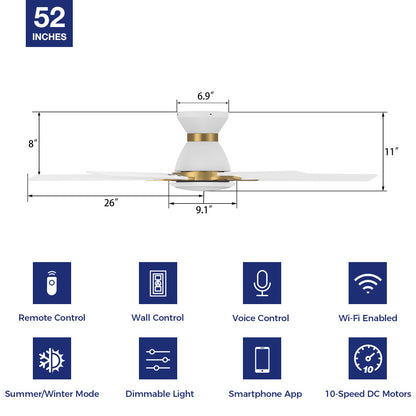 Dimensions and features of the Smafan Essex2 52-inch flush-mount smart ceiling fan in a white and gold finish. The fan includes elegant white blades, measuring 52 inches in diameter. Key dimensions include an 11-inch height and 26-inch blade length. Highlighted functionalities include remote and wall control, Wi-Fi-enabled operation, voice assistant compatibility, summer/winter mode, dimmable LED light, smartphone app control, and a quiet 10-speed DC motor. 