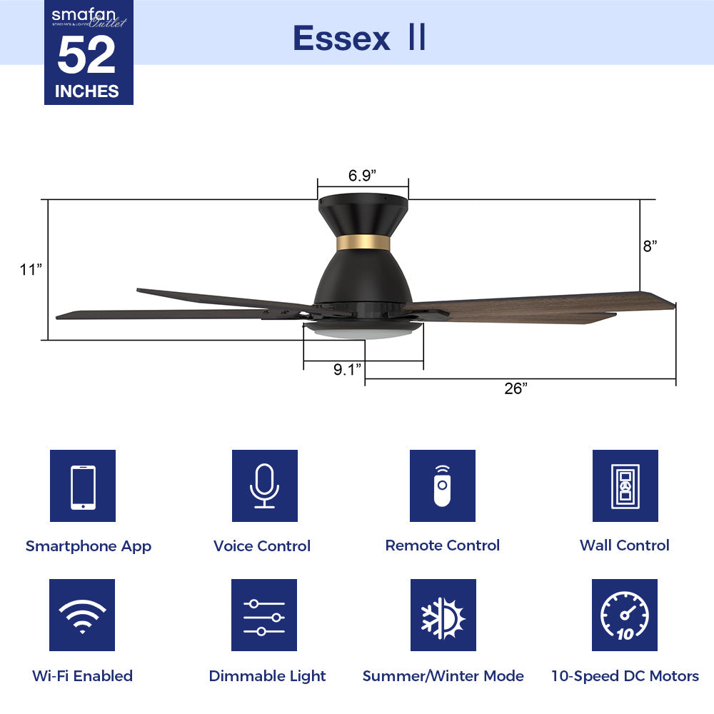 Dimensions and features of the Smafan Essex2 52-inch flush-mount smart ceiling fan in a black and gold finish. The fan has sleek black blades, measuring 52 inches in diameter. Key dimensions include an 11-inch height and 26-inch blade length. Featured technologies include remote and wall control, Wi-Fi-enabled operation, voice assistant compatibility, summer/winter mode, dimmable LED light, smartphone app control, and a quiet 10-speed DC motor. 