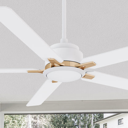 Carro Kyra 60 inch ceiling fan with white and gold finish, elegant Plywood blades and has an integrated 4000K LED cool light. 