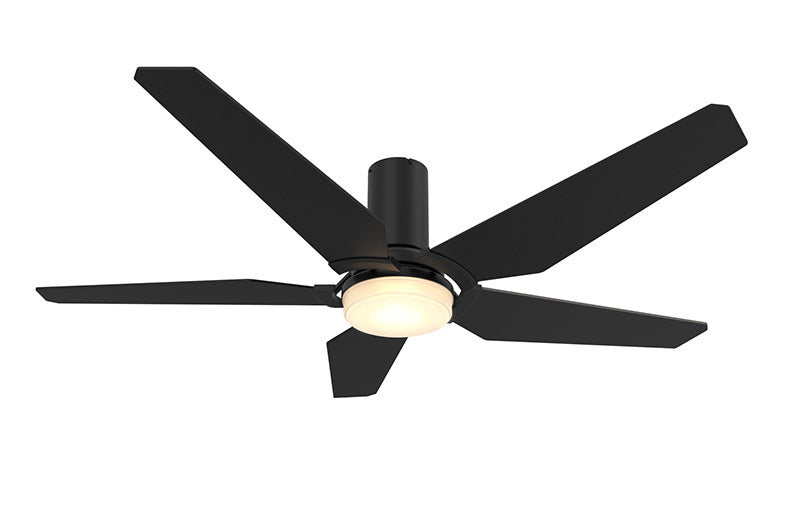 Flush mount modern ceiling fan in black with LED light and smart. Available in 48-inch and 52-inch size options, this Voyager 5-blade smart fan comes with integrated 4000K LED light and reversible DC motor and offers quiet operation and 2150 lumens of brightness. Compatible with Wi-Fi apps and Voice control via Google Assistant, Amazon Alexa and Siri Shortcut.