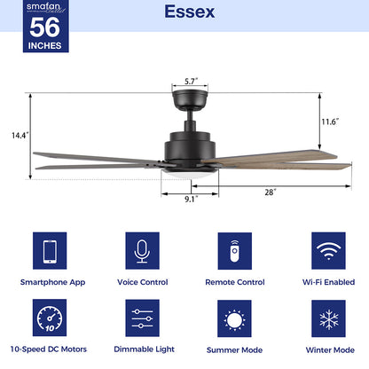 Essex Smart Ceiling Fan with LED Light and Remote Outdoor/Indoor 56&quot;