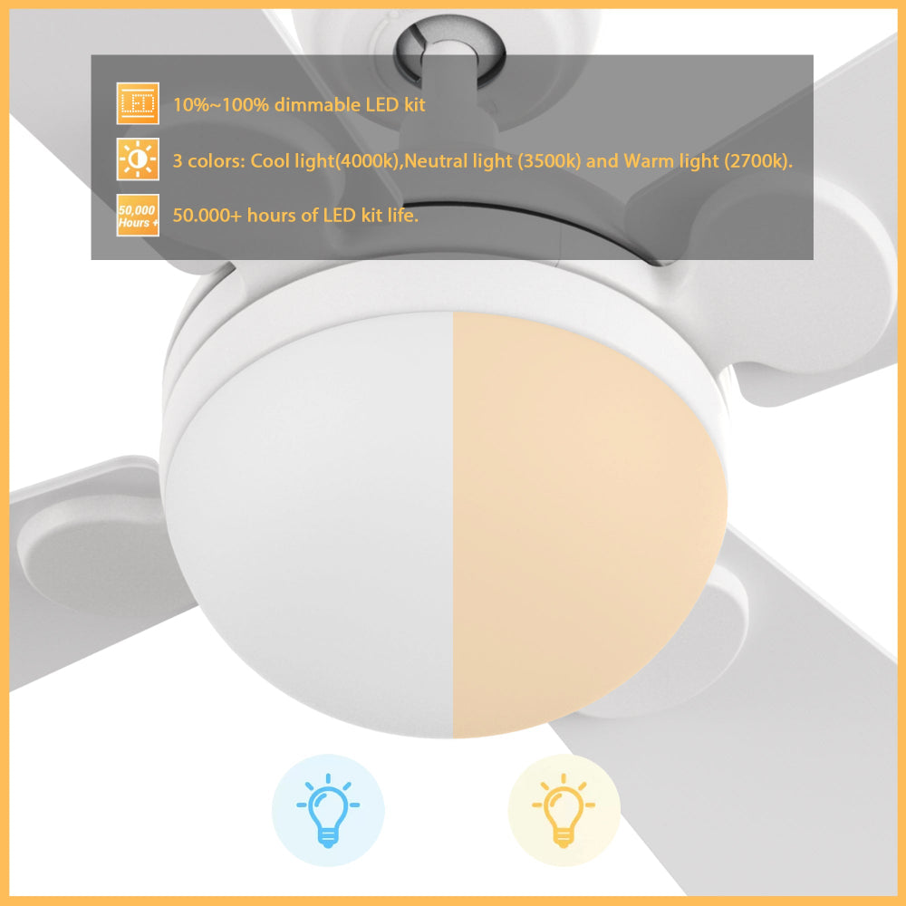 AI Overview
A close-up image of a white ceiling fan with an integrated LED light kit. The light kit is shown split, with one half emitting cool white light and the other half warm yellow light, illustrating its color-changing capability. 
