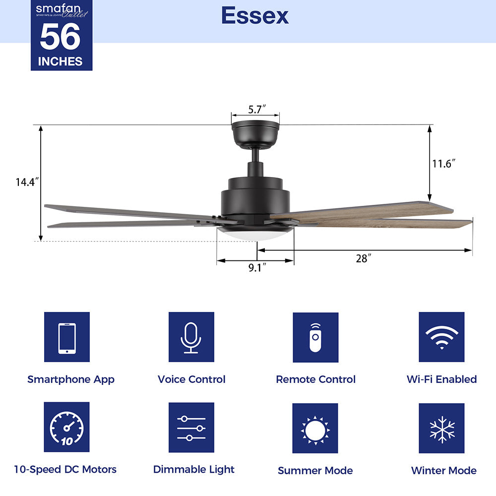 Product dimensions and feature diagram for the 56-inch Essex II smart ceiling fan, showing a 56-inch blade span, 14.4-inch height, and icons for smartphone app, voice control, remote, wall control, dimmable LED, summer and winter modes, and 10-speed DC motor. 