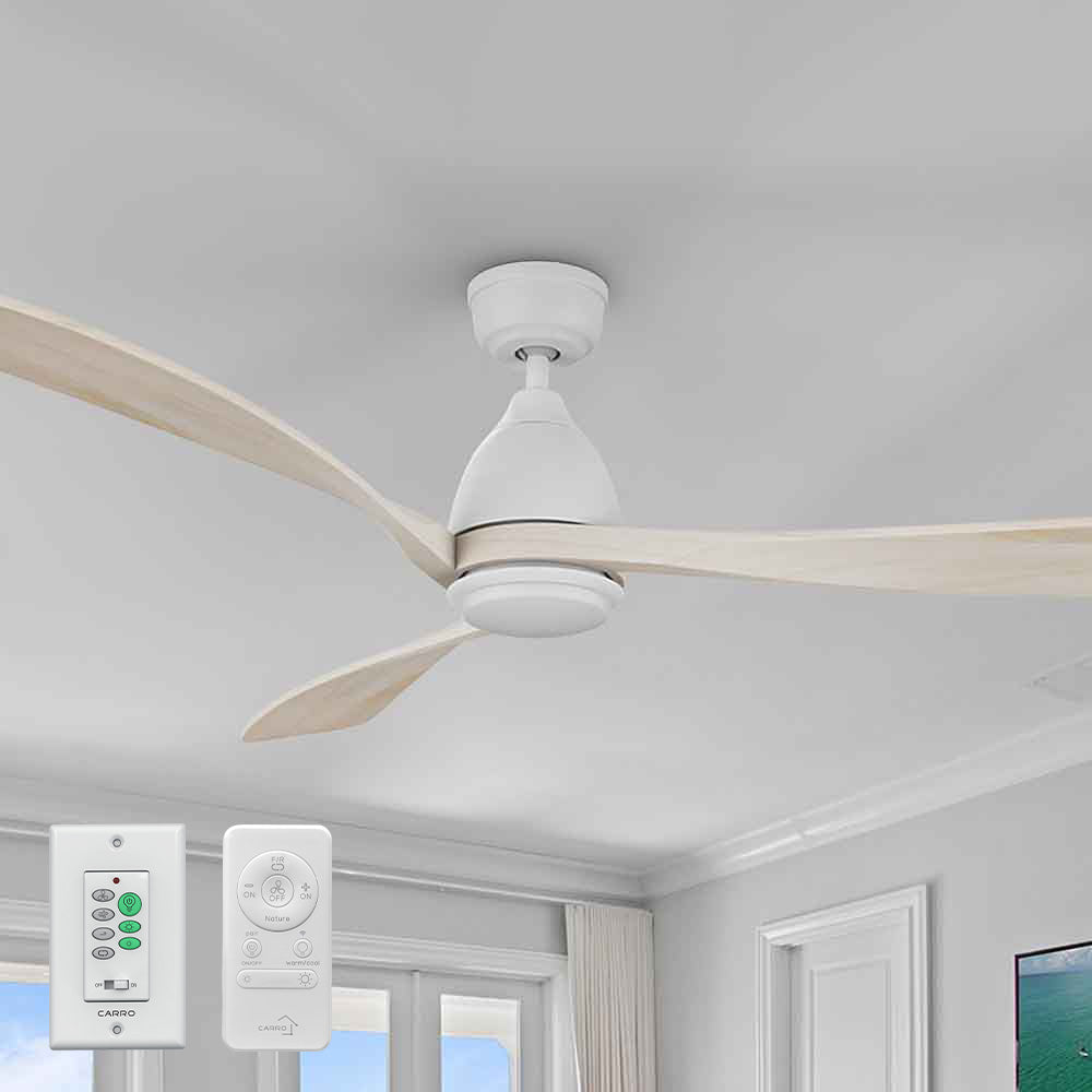 Smafan Nephele II 60-inch white ceiling fan with LED light, solid wood blades, handheld remote and hardwired wall control switch for great rooms. 
