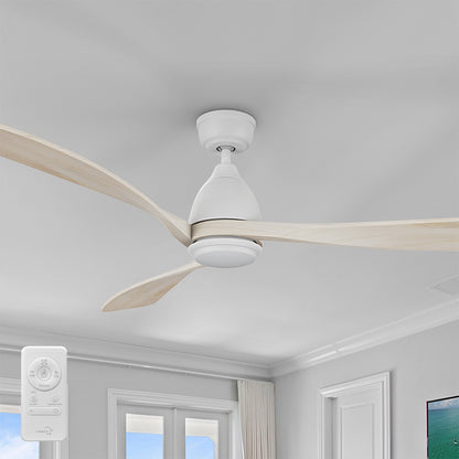 White 3-blade wood ceiling fan with light for vaulted ceilings, controlled by a handheld remote in a modern white room. 