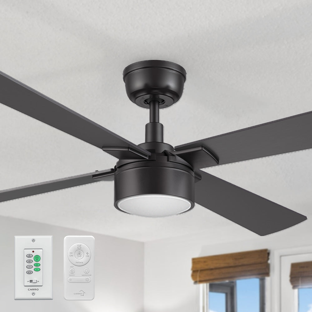 A Smafan Admiral 52-inch modern matte black ceiling fan with an integrated LED light fixture, mounted on a plain white ceiling. The inset graphics in the bottom left corner display the matching white wall control switch and handheld remote control from Carro. 
