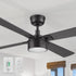A Smafan Admiral 52-inch modern matte black ceiling fan with an integrated LED light fixture, mounted on a plain white ceiling. The inset graphics in the bottom left corner display the matching white wall control switch and handheld remote control from Carro. 